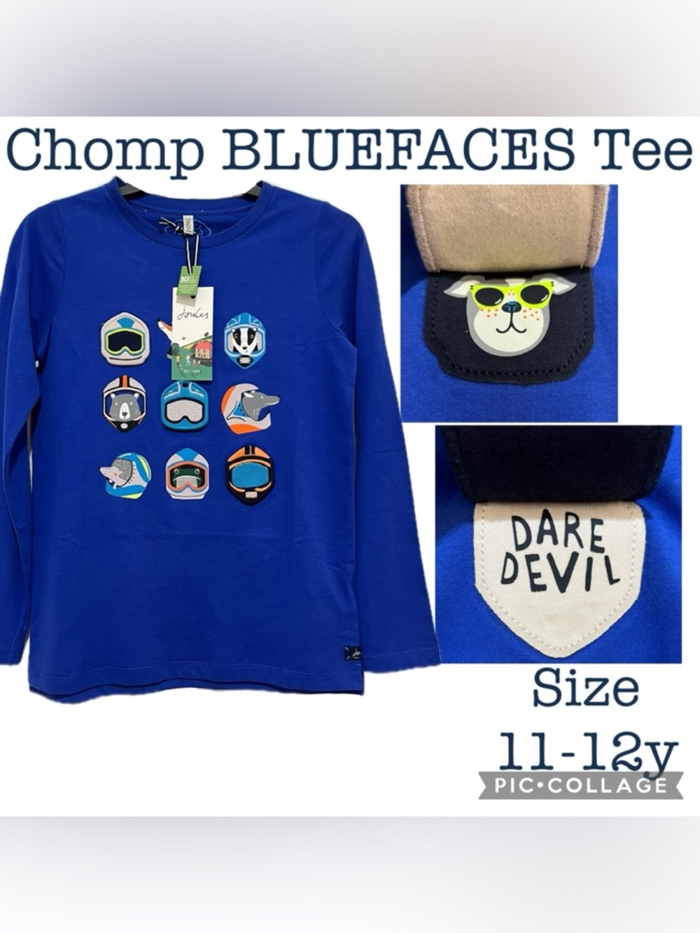 Joules British Designer Kids Clothing Chomp BLUEFACES Long Sleeve Boy Size 11-12